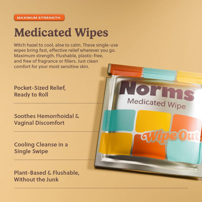 Norms Wipe Outs Hemorrhoid Wipes, 24 Individually Wrapped Witch Hazel Wipes with Aloe to Soothe and Cool Itching, Burning and Irritation, Flushable Septic Safe, Plant Based & Plastic-Free - Maple Wellness Supplements