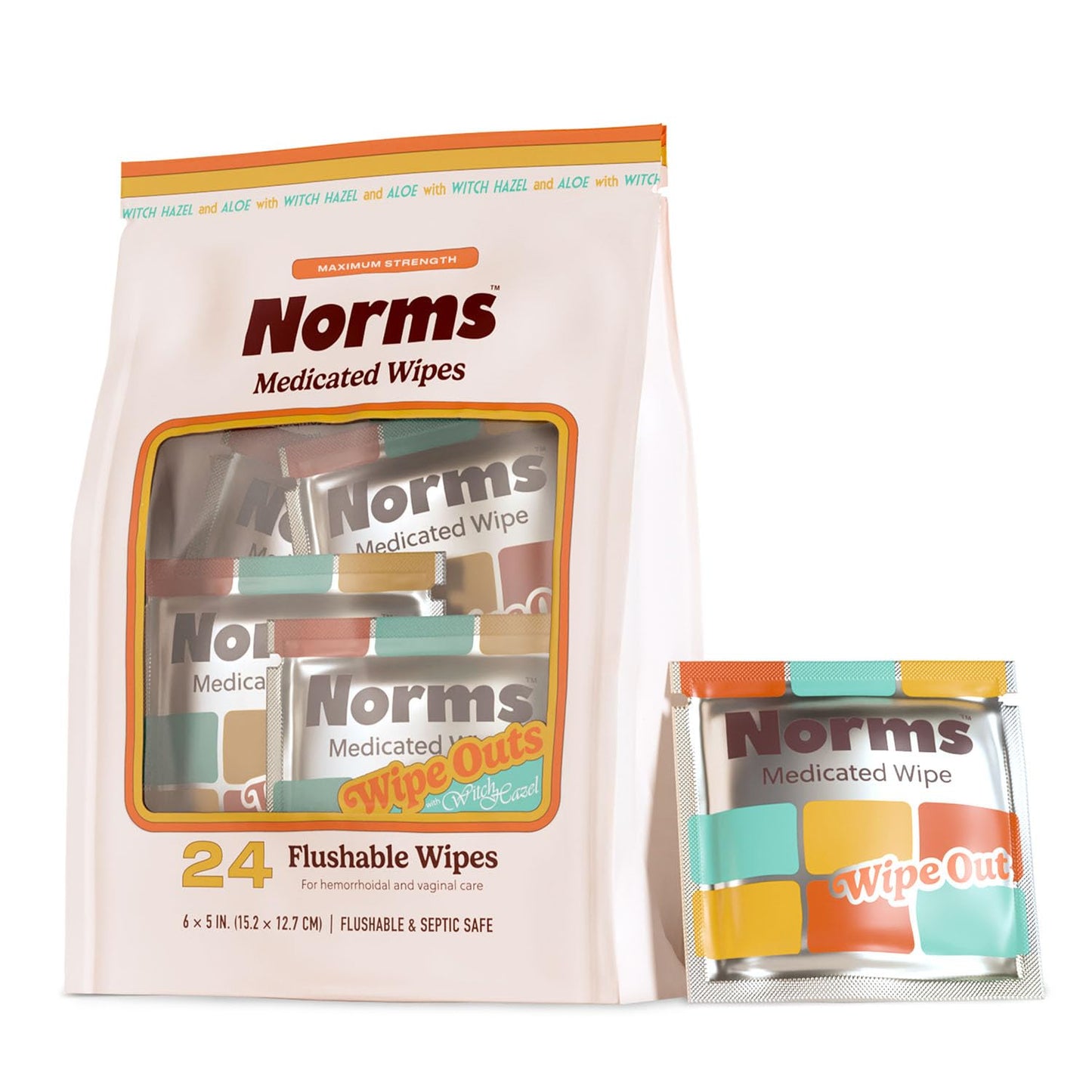 Norms Wipe Outs Hemorrhoid Wipes, 24 Individually Wrapped Witch Hazel Wipes with Aloe to Soothe and Cool Itching, Burning and Irritation, Flushable Septic Safe, Plant Based & Plastic-Free - Maple Wellness Supplements