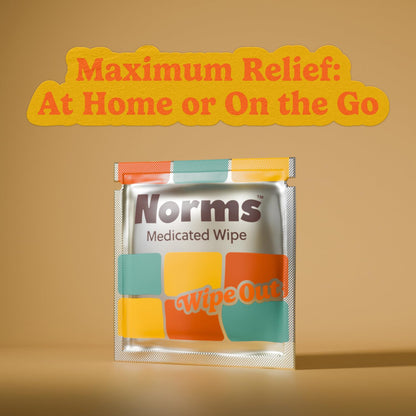 Norms Wipe Outs Hemorrhoid Wipes, 24 Individually Wrapped Witch Hazel Wipes with Aloe to Soothe and Cool Itching, Burning and Irritation, Flushable Septic Safe, Plant Based & Plastic-Free - Maple Wellness Supplements