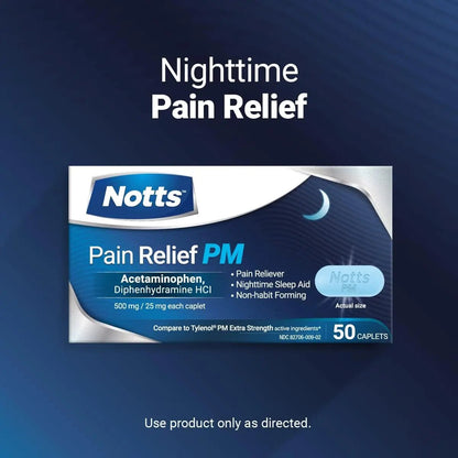 NOTTS PM Extra Strength Pain Relief & Sleep Aid, 500mg Acetaminophen & 25mg Diphenhydramine HCl, 50 Caplets for Nighttime Aches, Headaches & Body Pain, Non-Habit Forming (Pack of 2) - Maple Wellness Supplements