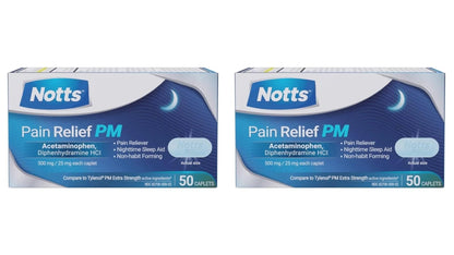 NOTTS PM Extra Strength Pain Relief & Sleep Aid, 500mg Acetaminophen & 25mg Diphenhydramine HCl, 50 Caplets for Nighttime Aches, Headaches & Body Pain, Non-Habit Forming (Pack of 2) - Maple Wellness Supplements