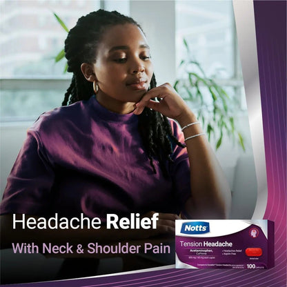NOTTS Tension Headache Relief Without Aspirin for Head, Neck & Shoulder Pain - 100 Count, Acetaminophen 500 mg Caffeine 65 mg Caplets, for Aches Caused by Tension and Stress. Headache Relief caplets - Maple Wellness Supplements