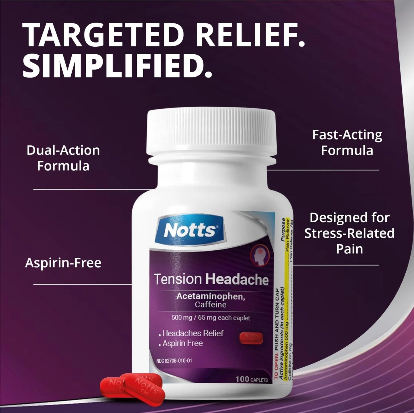NOTTS Tension Headache Relief Without Aspirin for Head, Neck & Shoulder Pain - 100 Count, Acetaminophen 500 mg Caffeine 65 mg Caplets, for Aches Caused by Tension and Stress. Headache Relief caplets - Maple Wellness Supplements
