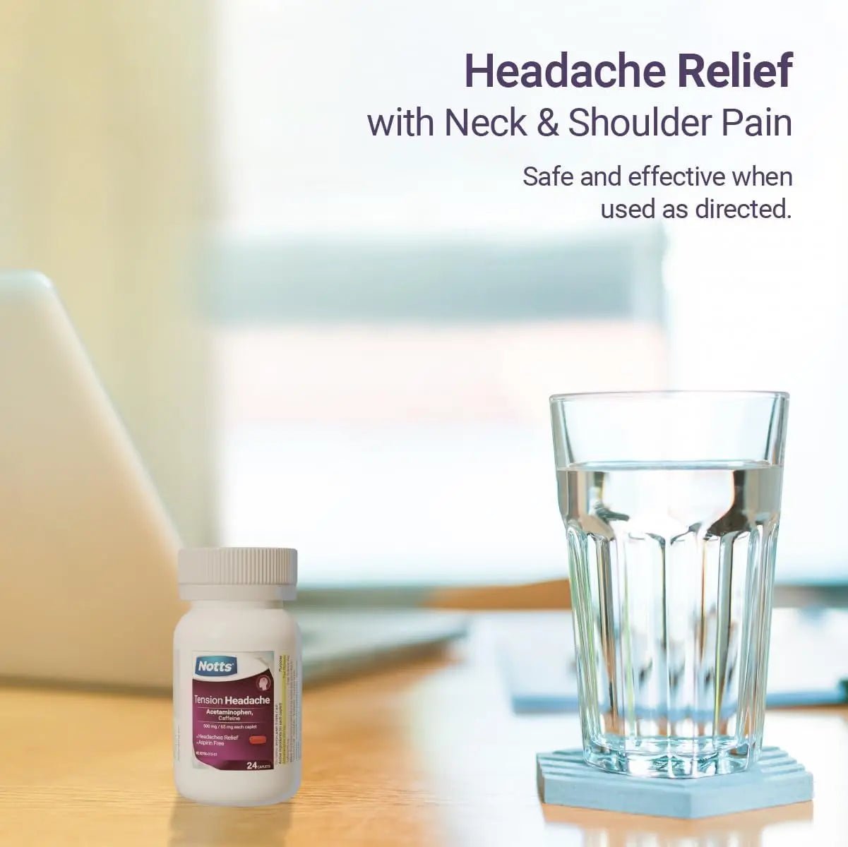 NOTTS Tension Headache Relief Without Aspirin for Head, Neck & Shoulder Pain - 100 Count, Acetaminophen 500 mg Caffeine 65 mg Caplets, for Aches Caused by Tension and Stress. Headache Relief caplets - Maple Wellness Supplements