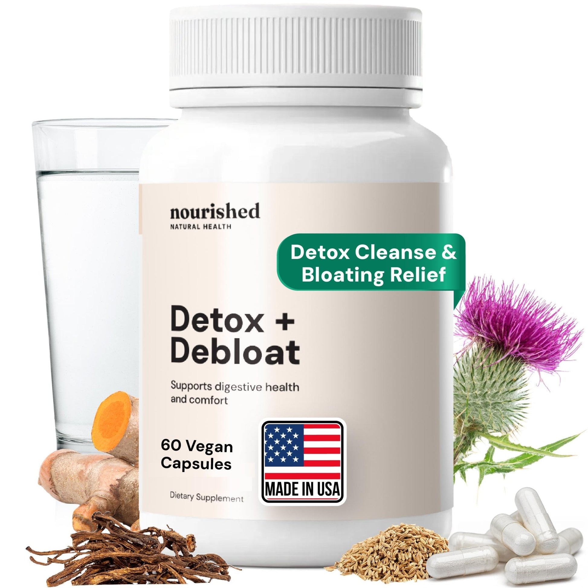 Nourished Natural Health Detox + Debloat - Detox Cleanse and Bloating Relief for Women - Liver and Digestive Support with Milk Thistle, Dandelion, Fennel & Turmeric - Maple Wellness Supplements