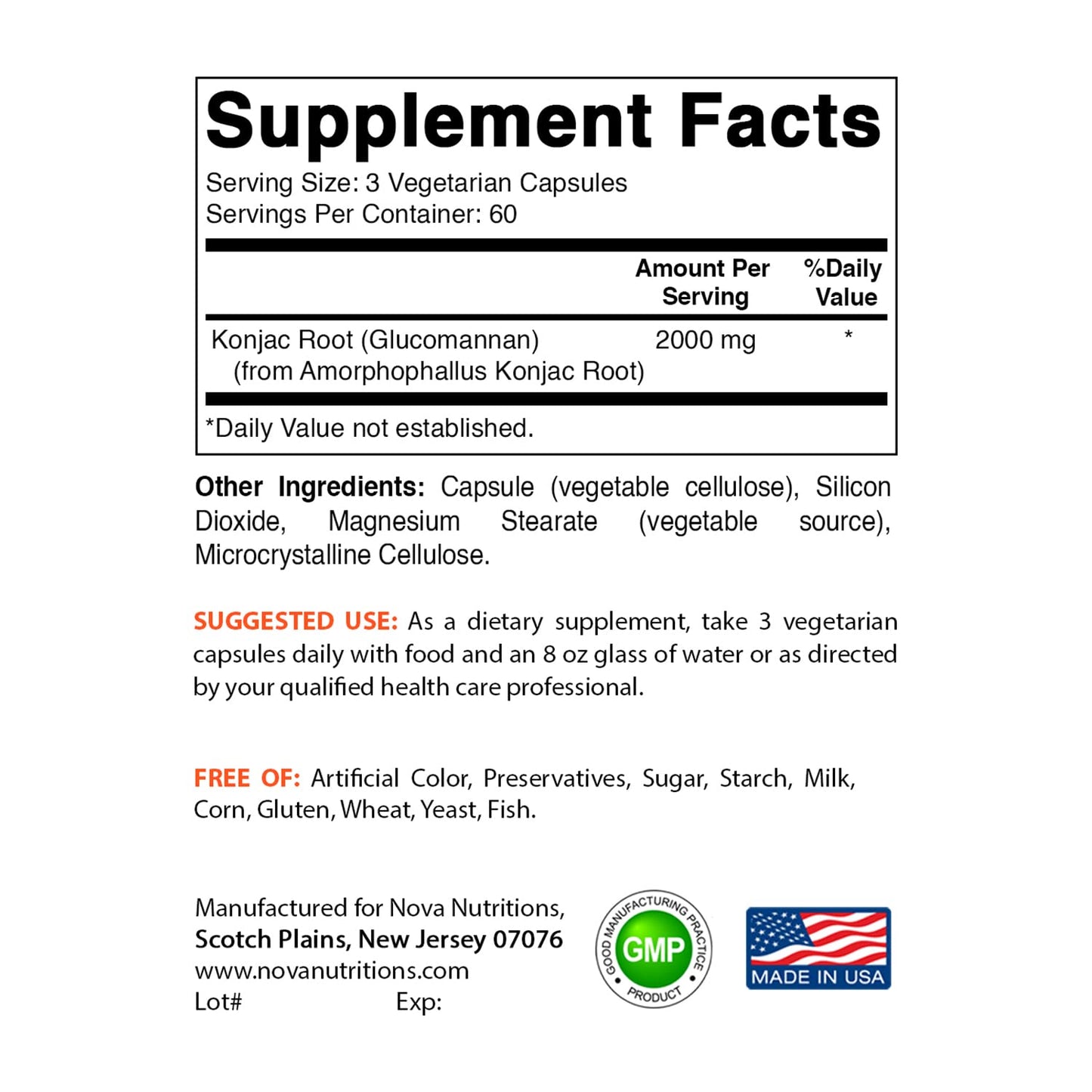 Nova Nutritions 2 Pack Konjac Root Glucomannan Capsules 2000 mg/Serving Veggie Caps - Maple Wellness Supplements