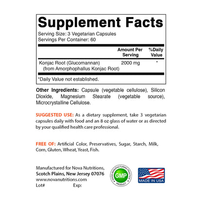 Nova Nutritions 2 Pack Konjac Root Glucomannan Capsules 2000 mg/Serving Veggie Caps - Maple Wellness Supplements