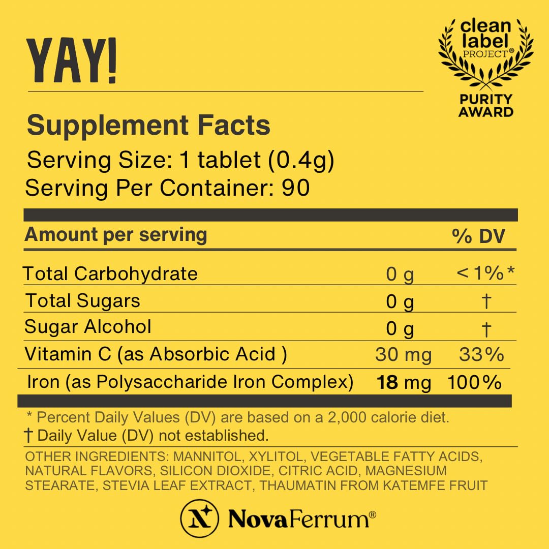 NovaFerrum Yay | Chewable Iron Supplement for Kids & Adults Ages 4 and Over | 18mg of Iron | 90 Servings | Sugar Free - Maple Wellness Supplements
