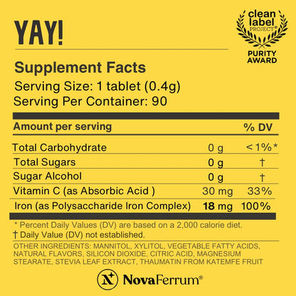 NovaFerrum Yay | Chewable Iron Supplement for Kids & Adults Ages 4 and Over | 18mg of Iron | 90 Servings | Sugar Free - Maple Wellness Supplements