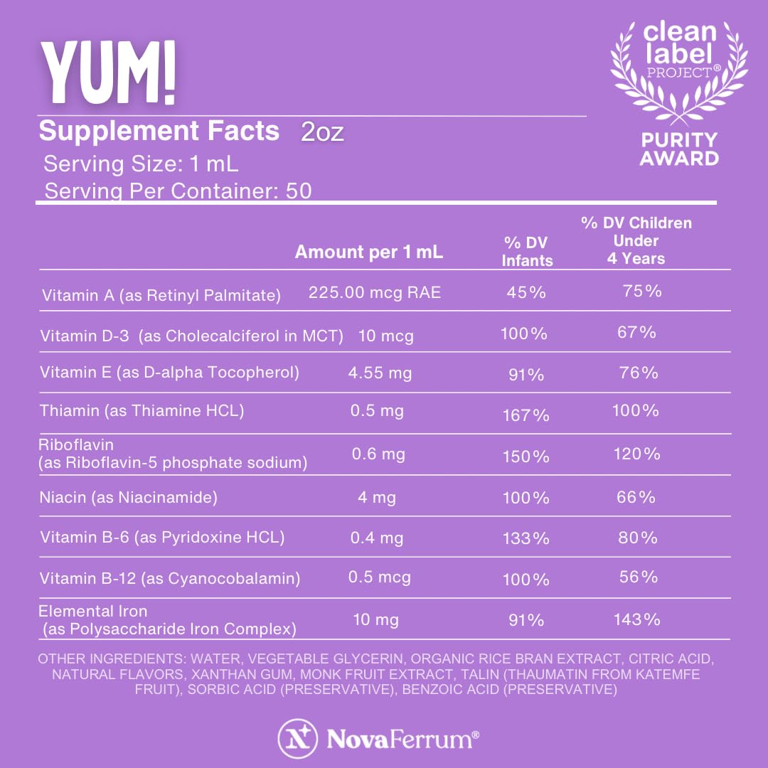 NovaFerrum Yum | Multivitamin with Iron for Infants, Toddlers & Kids Ages 4 & Under | Immune Support | Gluten Free Certified - Maple Wellness Supplements