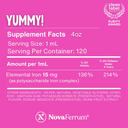 NovaFerrum Yummy | Pediatric Drops Liquid Iron Supplement for Infants and Toddlers | Liquid Iron for Kids | 15mg of Iron Per 1mL Dose | Ages 4 & Under - Maple Wellness Supplements