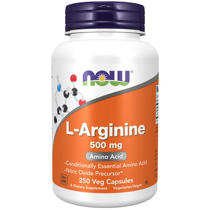 NOW Foods Supplements, L-Arginine 500 mg, Nitric Oxide Precursor*, Amino Acid, 250 Veg Capsules - Maple Wellness Supplements