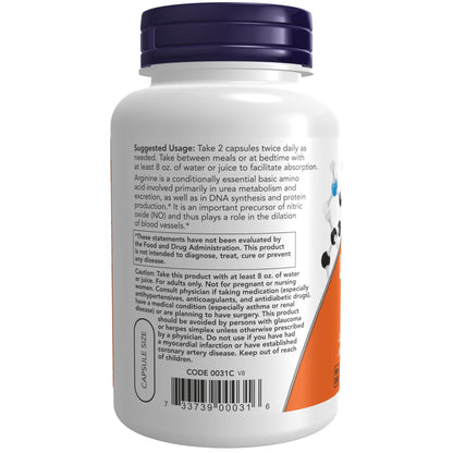 NOW Foods Supplements, L-Arginine 500 mg, Nitric Oxide Precursor*, Amino Acid, 250 Veg Capsules - Maple Wellness Supplements