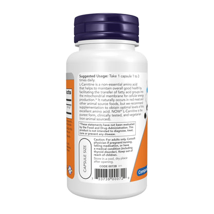 NOW Foods Supplements, L-Carnitine 500mg, Purest Form, Amino Acid, Fitness Support*, 60 Veg Capsules - Maple Wellness Supplements