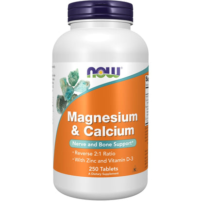 NOW Foods Supplements, Magnesium & Calcium, With Zinc and Vitamin D-3, Nerve and Bone Support*, 250 Tablets - Maple Wellness Supplements