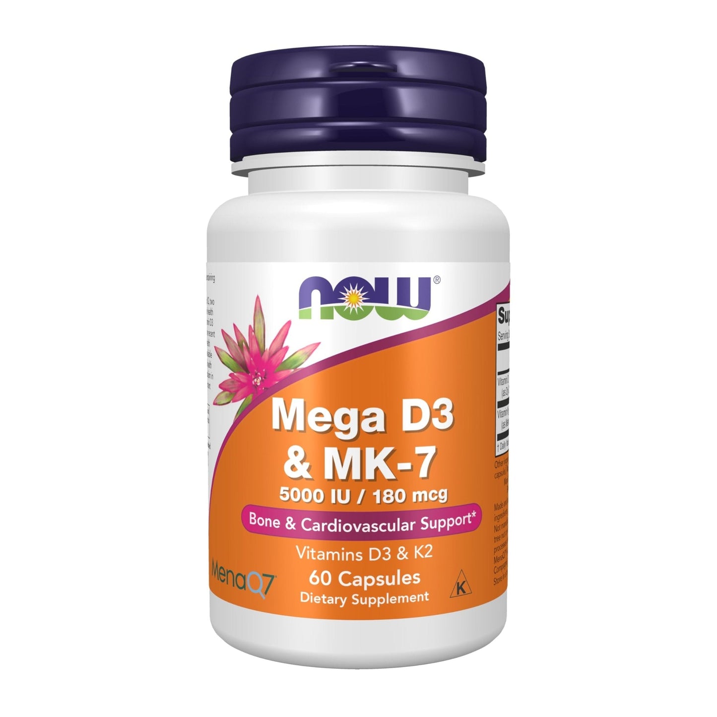 NOW Foods Supplements, Mega D-3 & MK-7 with Vitamins D-3 & K-2, 5,000 IU/180 mcg, Bone & Cardiovascular Support*, 60 Veg Capsules - Maple Wellness Supplements