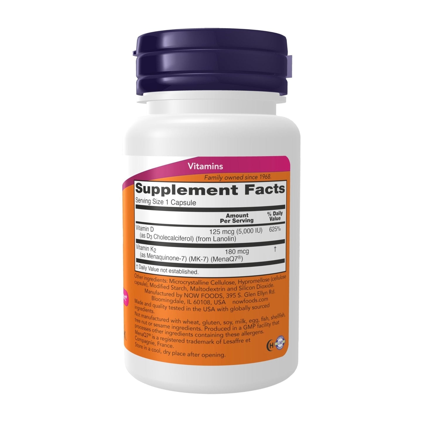 NOW Foods Supplements, Mega D-3 & MK-7 with Vitamins D-3 & K-2, 5,000 IU/180 mcg, Bone & Cardiovascular Support*, 60 Veg Capsules - Maple Wellness Supplements