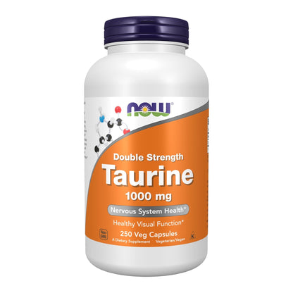 NOW Foods Supplements, Taurine 1,000 mg, Double Strength, Nervous System Health*, 250 Veg Capsules - Maple Wellness Supplements