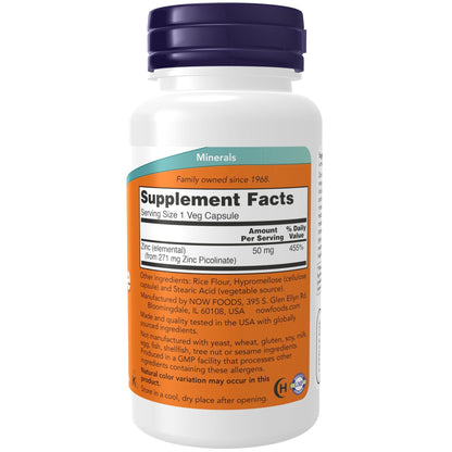 NOW Foods Supplements, Zinc Picolinate 50 mg, Supports Enzyme Functions*, Immune Support*, 120 Veg Capsules (Packaging may vary) - Maple Wellness Supplements
