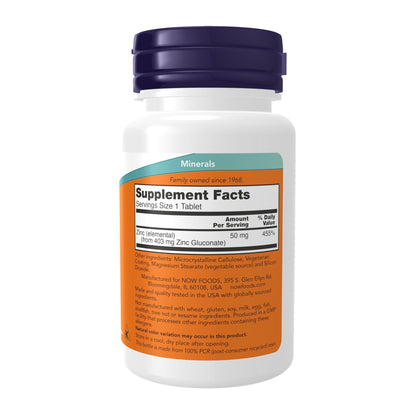 NOW Foods Supplements, Zinc (Zinc Gluconate) 50 mg, Supports Enzyme Functions*, Immune Support*, 100 Tablets - Maple Wellness Supplements