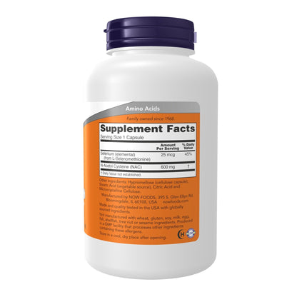 NOW Supplements, NAC (N-Acetyl Cysteine) 600 mg with Selenium, 250 Veg Capsules - Maple Wellness Supplements