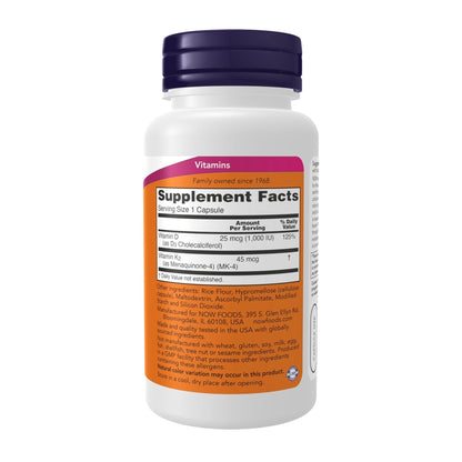 NOW Supplements, Vitamin D-3 & K-2, 1,000 IU/45 mcg,Plus Cardiovascular Support*, Supports Bone Health*, 120 veg Capsules - Maple Wellness Supplements