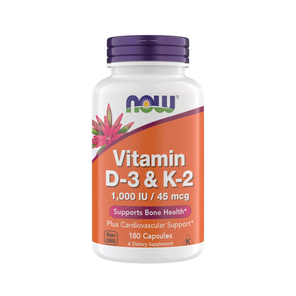 Now Supplements Vitamin D3 K2, 1,000 IU/45 mcg, Cardiovascular Support, Supports Bone Health, 180 Vegetarian Capsules - Maple Wellness Supplements