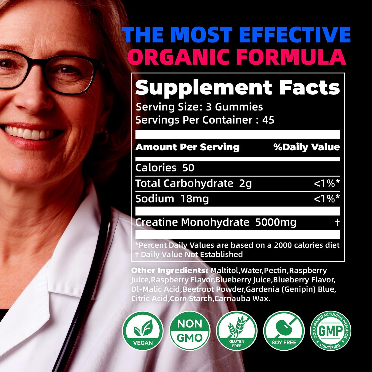 NSF Certified Creatine Gummy 5g - Creatine Monohydrate Gummies for Men & Women. Boost Focus,Strength, and Endurance, Anti-Melting Formula, Vegan, Gluten-Free, Non-GMO,(Raspberry & Blueberry 135 ct) - Maple Wellness Supplements