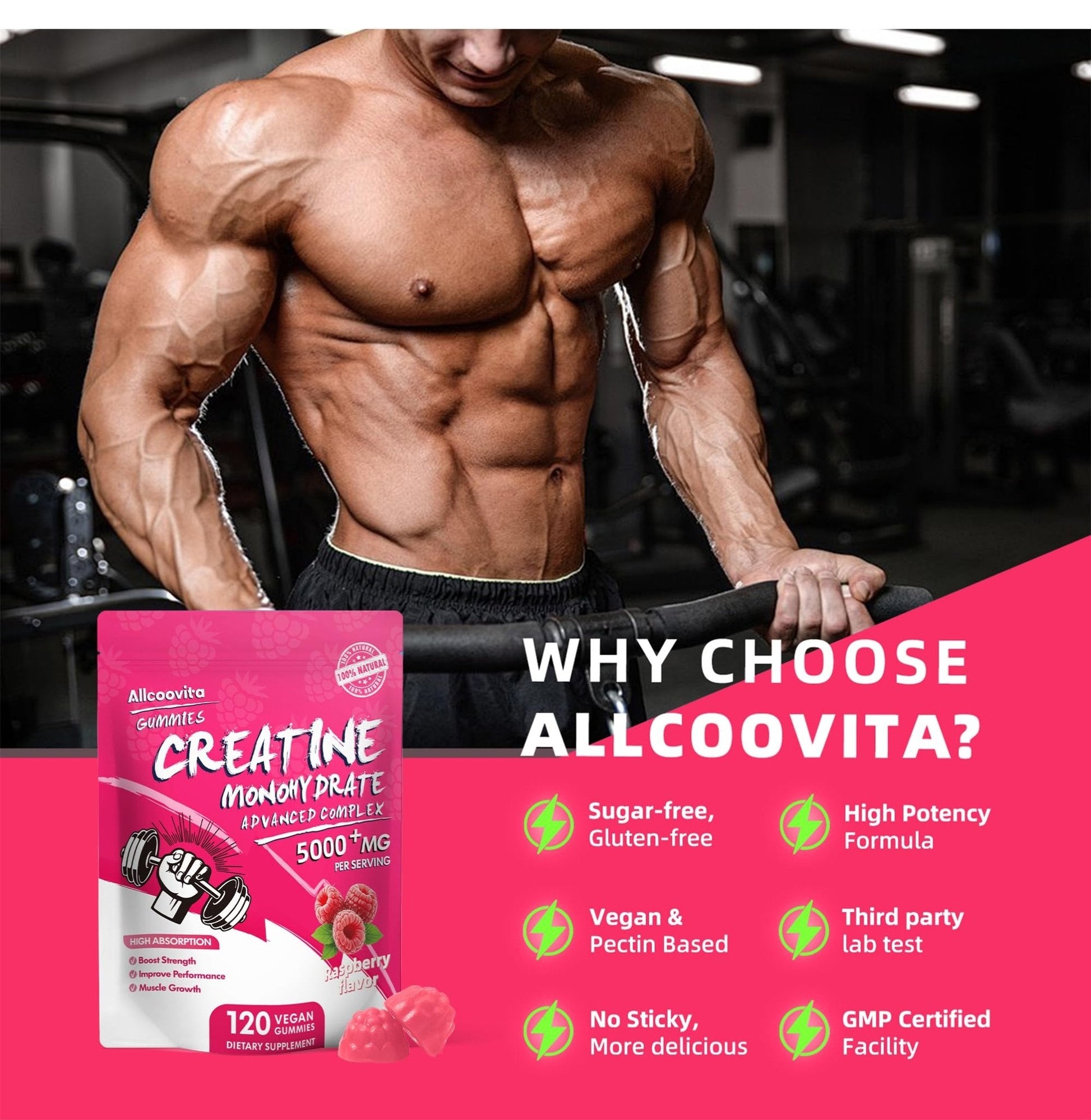 NSF Certified Creatine Gummy - Creatine Monohydrate Gummies 5000mg for Men & Women -120 Gummies Advanced Formula, Muscle Strength, Muscle Builder, Energy Boost, Pre-Workout Supplement-Raspberry - Maple Wellness Supplements