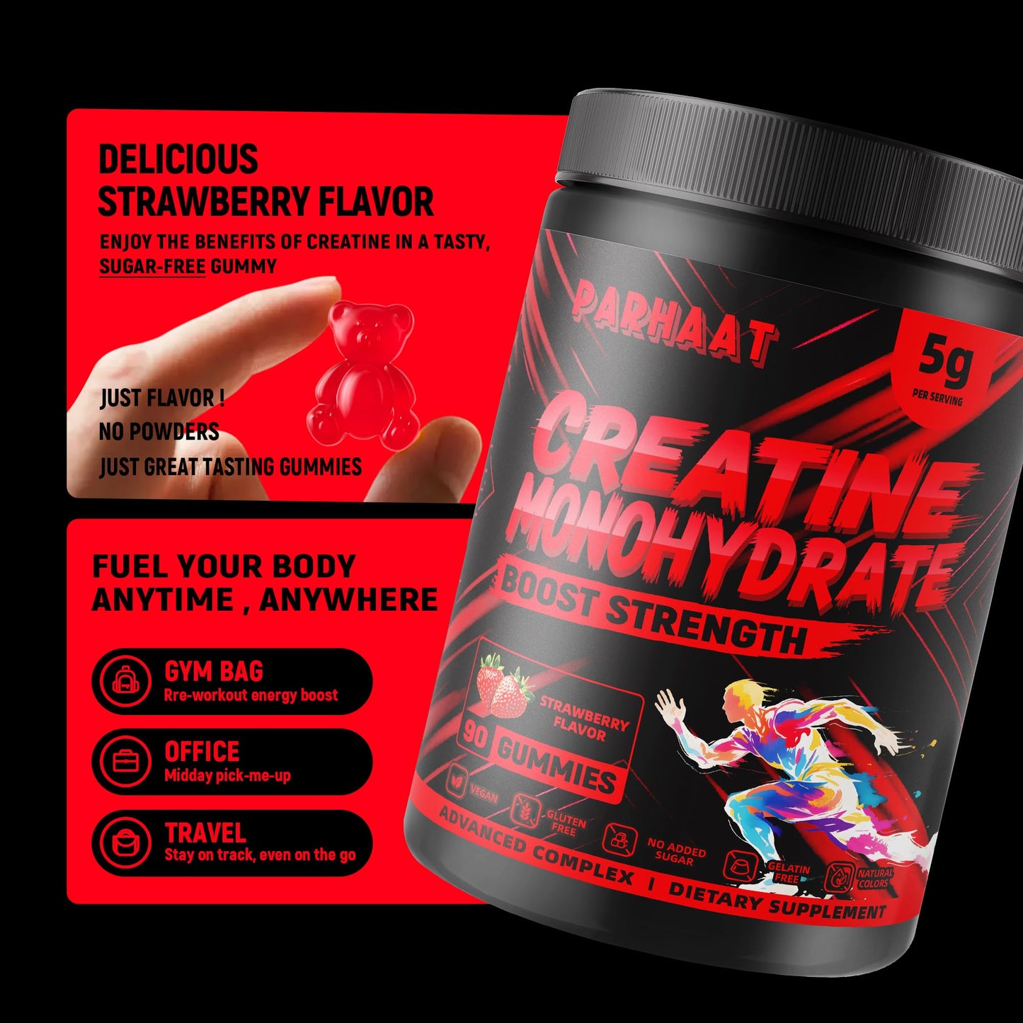 NSF Certified Creatine Gummy - Creatine Monohydrate Gummies 5g for Men & Women - Boost Focus,Strength, and Endurance, Vegan, Gluten-Free, Non-GMO, 2.5 Gram Creatine - Maple Wellness Supplements
