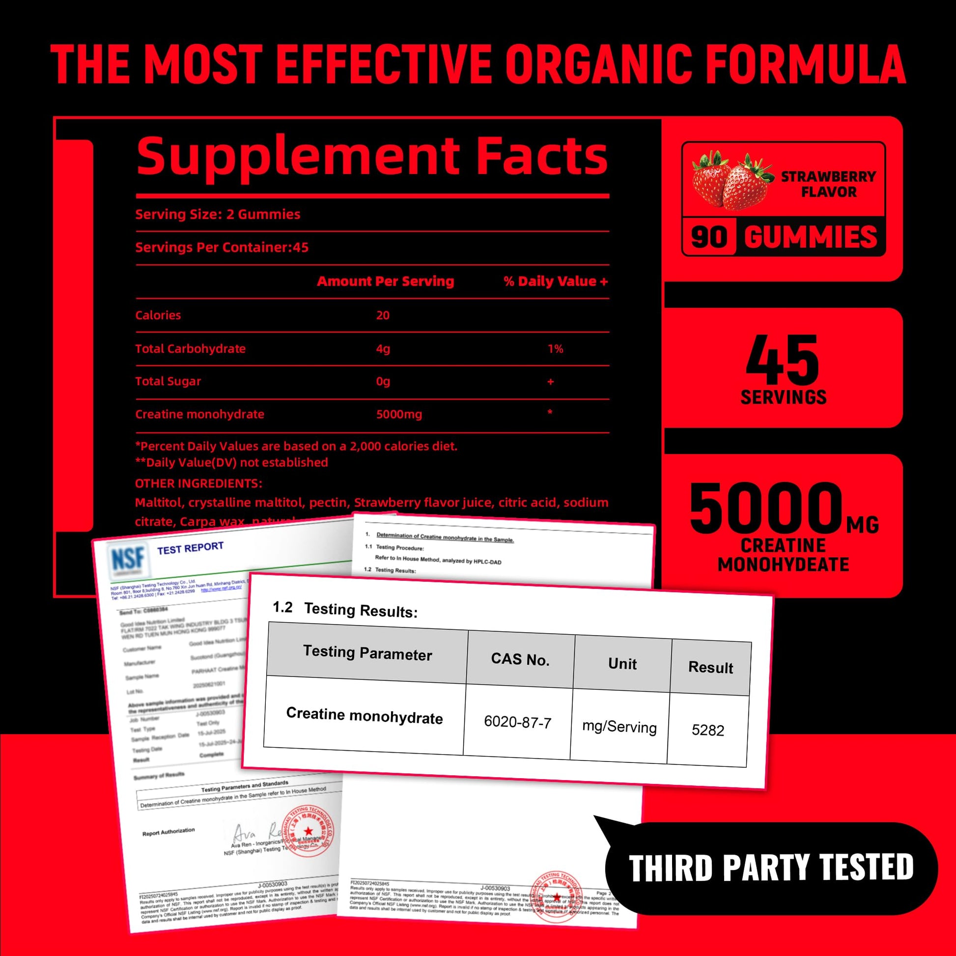 NSF Certified Creatine Gummy - Creatine Monohydrate Gummies 5g for Men & Women - Boost Focus,Strength, and Endurance, Vegan, Gluten-Free, Non-GMO, 2.5 Gram Creatine - Maple Wellness Supplements