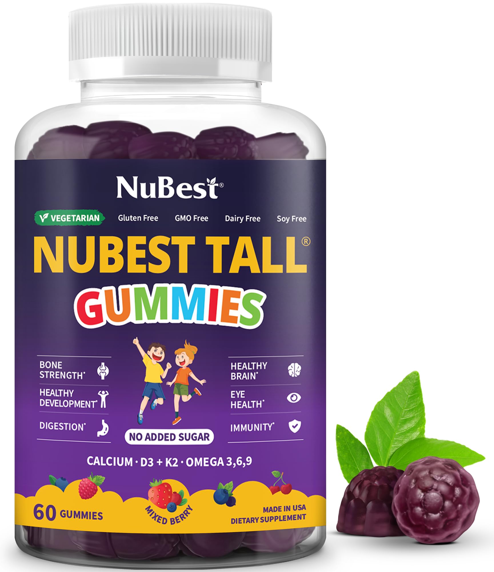 NuBest Tall Gummies for Kids Age 2+ & Teens | Bone Strength, Immunity, Digestive Health with Calcium, Vitamin D3, K2, B Complex, Magnesium, Zinc - Maple Wellness Supplements