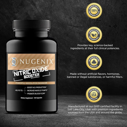 Nugenix Nitric Oxide Booster Supplement - Nitric Oxide Flow, L-Arginine, L-Citrulline, Pine Bark Extract - Vasodilator - 100 Capsules - Maple Wellness Supplements