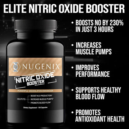 Nugenix Nitric Oxide Booster Supplement - Nitric Oxide Flow, L-Arginine, L-Citrulline, Pine Bark Extract - Vasodilator - 100 Capsules - Maple Wellness Supplements