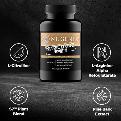 Nugenix Nitric Oxide Booster Supplement - Nitric Oxide Flow, L-Arginine, L-Citrulline, Pine Bark Extract - Vasodilator - 100 Capsules - Maple Wellness Supplements