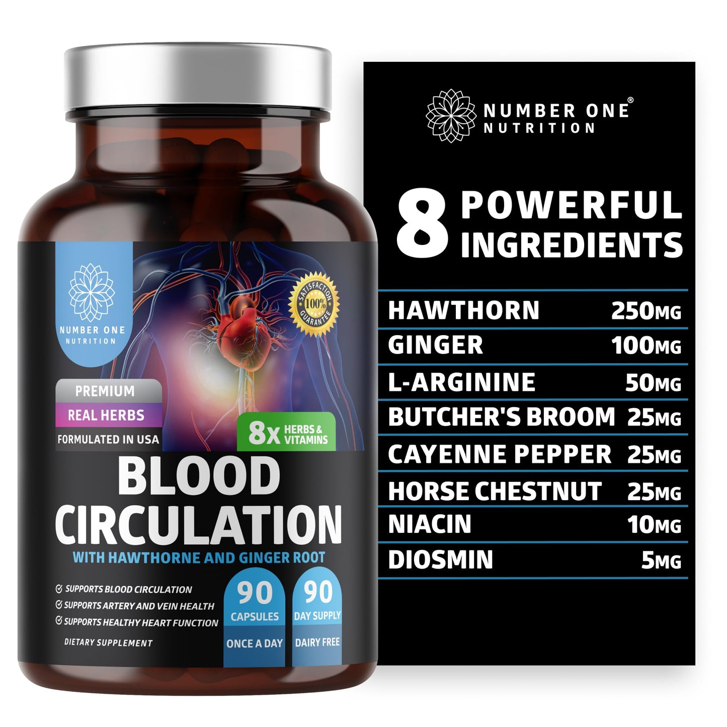 Number One Nutrition Premium Blood Circulation Supplement for Women and Men [8 Powerful Herbs & Vitamins] All Natural Blood Flow Supplement with Hawthorn, Butchers Broom and Cayenne Pepper, 90 Caps - Maple Wellness Supplements