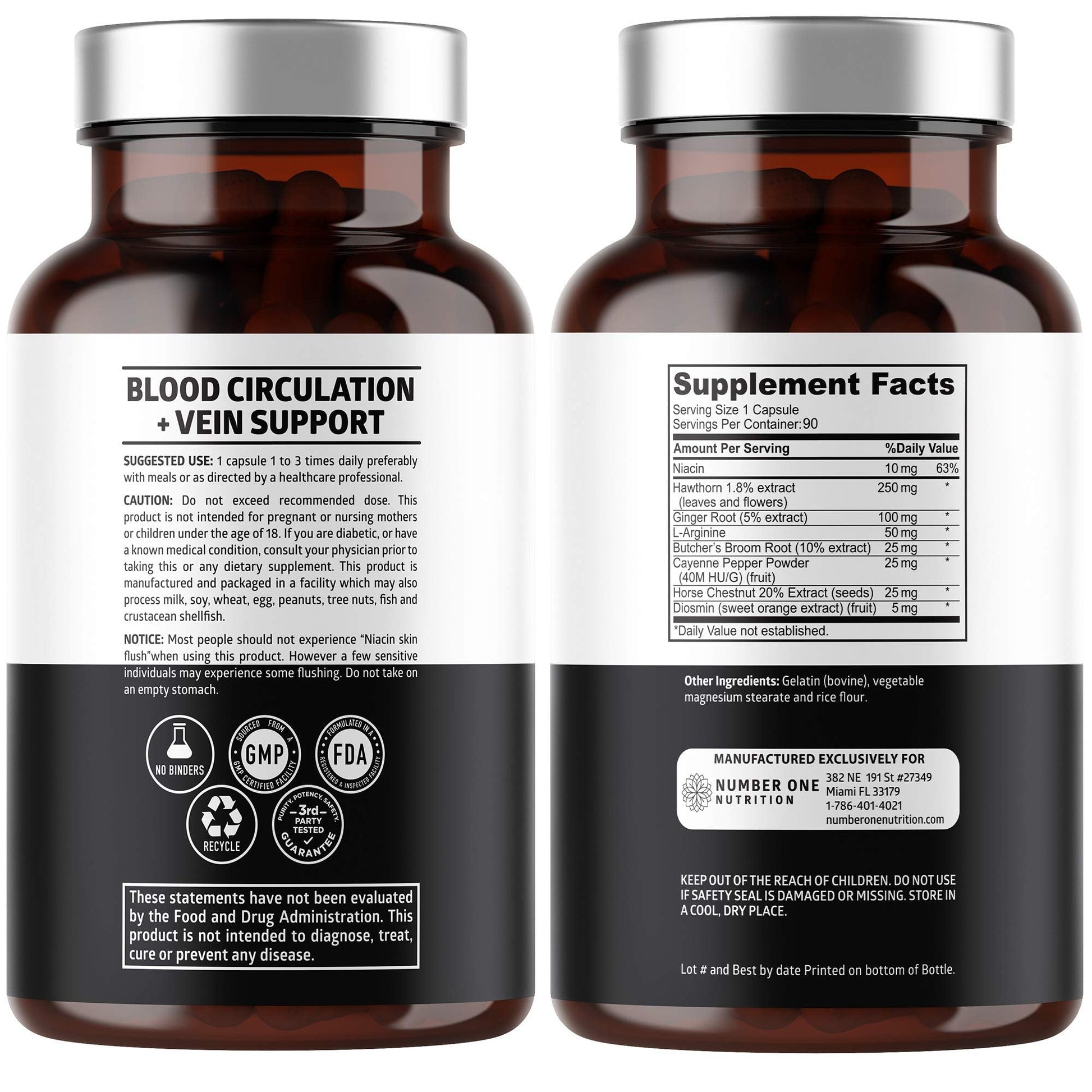 Number One Nutrition Premium Blood Circulation Supplement for Women and Men [8 Powerful Herbs & Vitamins] All Natural Blood Flow Supplement with Hawthorn, Butchers Broom and Cayenne Pepper, 90 Caps - Maple Wellness Supplements