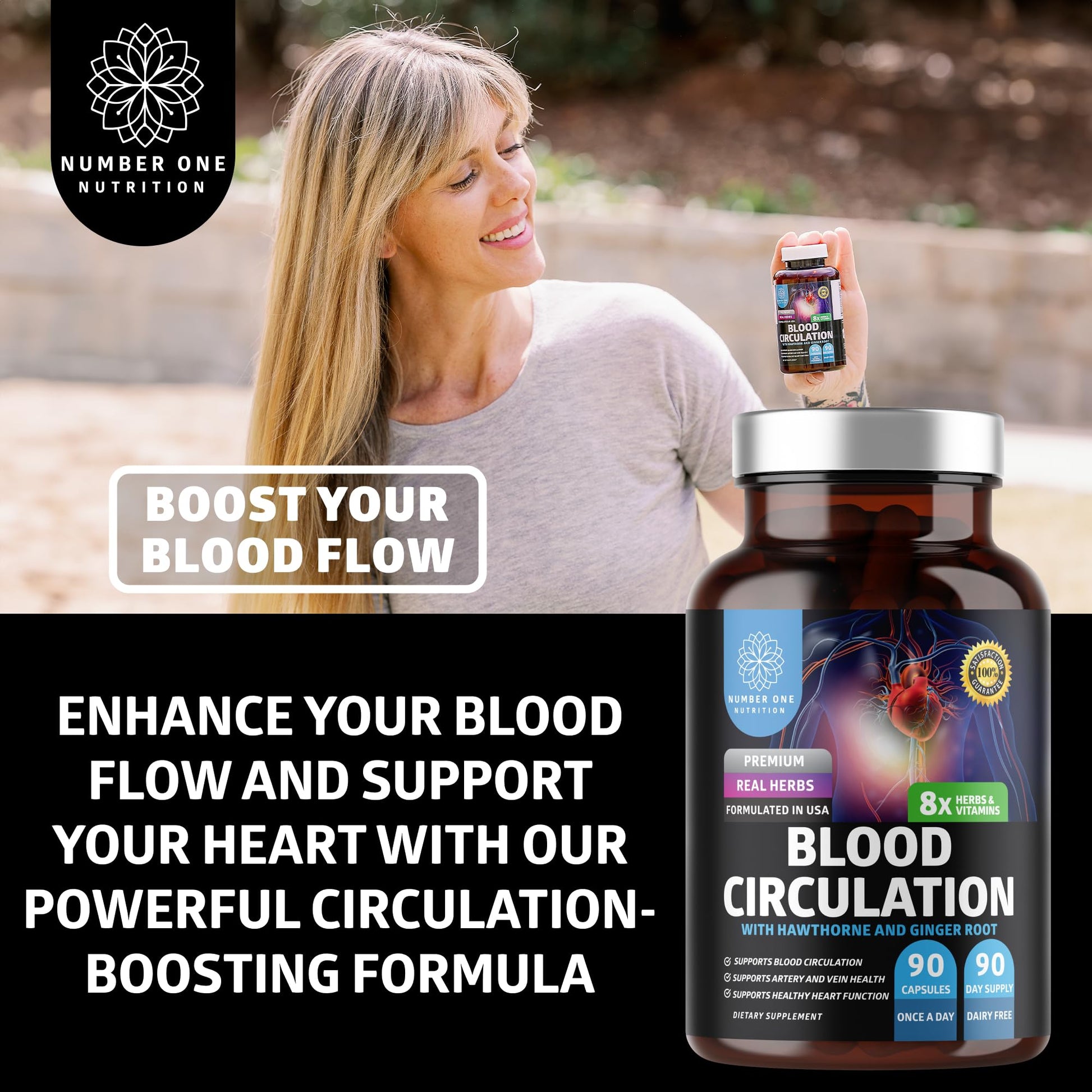 Number One Nutrition Premium Blood Circulation Supplement for Women and Men [8 Powerful Herbs & Vitamins] All Natural Blood Flow Supplement with Hawthorn, Butchers Broom and Cayenne Pepper, 90 Caps - Maple Wellness Supplements