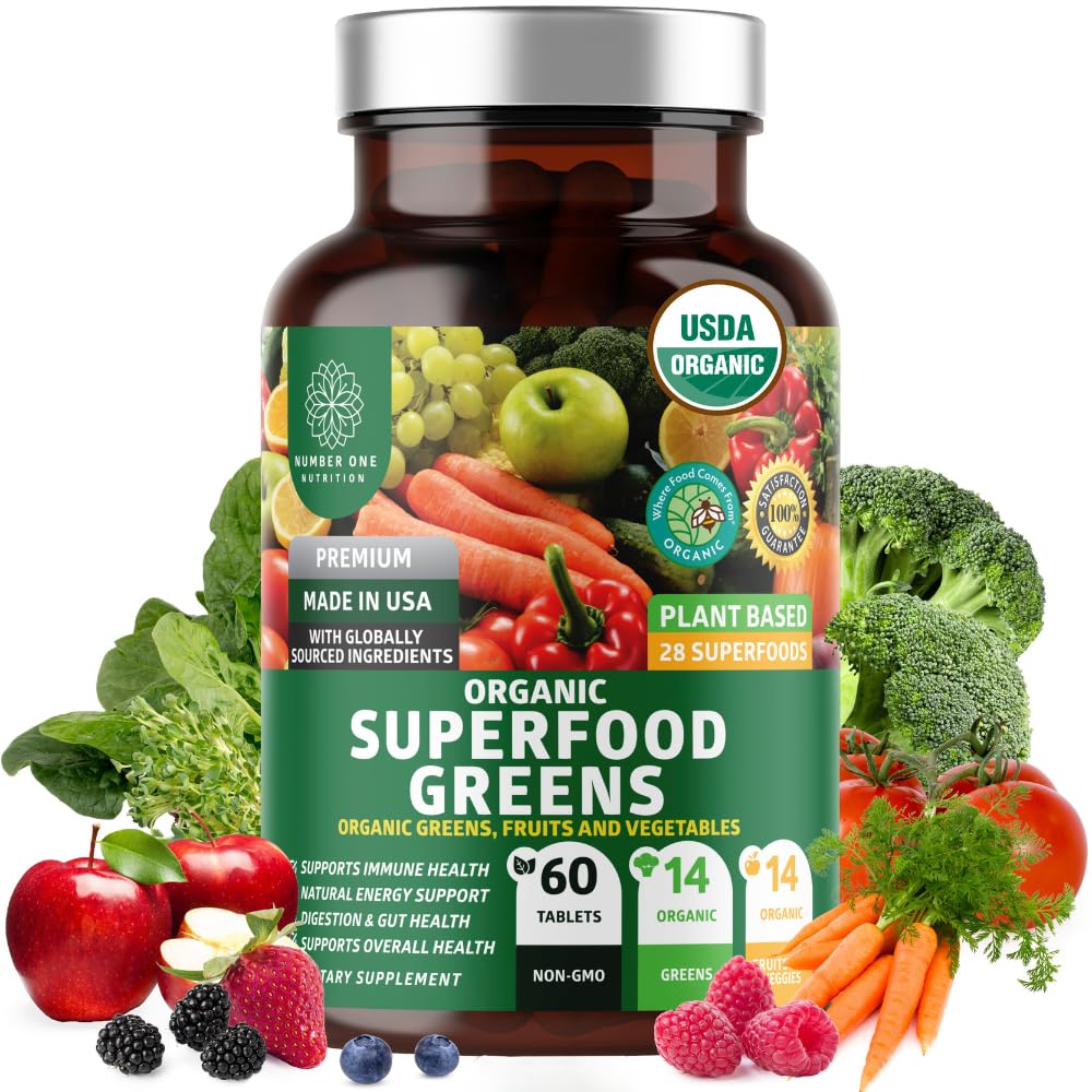 Number One Nutrition USDA Organic and Easy-to-Take Super Greens, Better Than Powder Fruits & Veggies Supplement with 28 Superfood - Maple Wellness Supplements