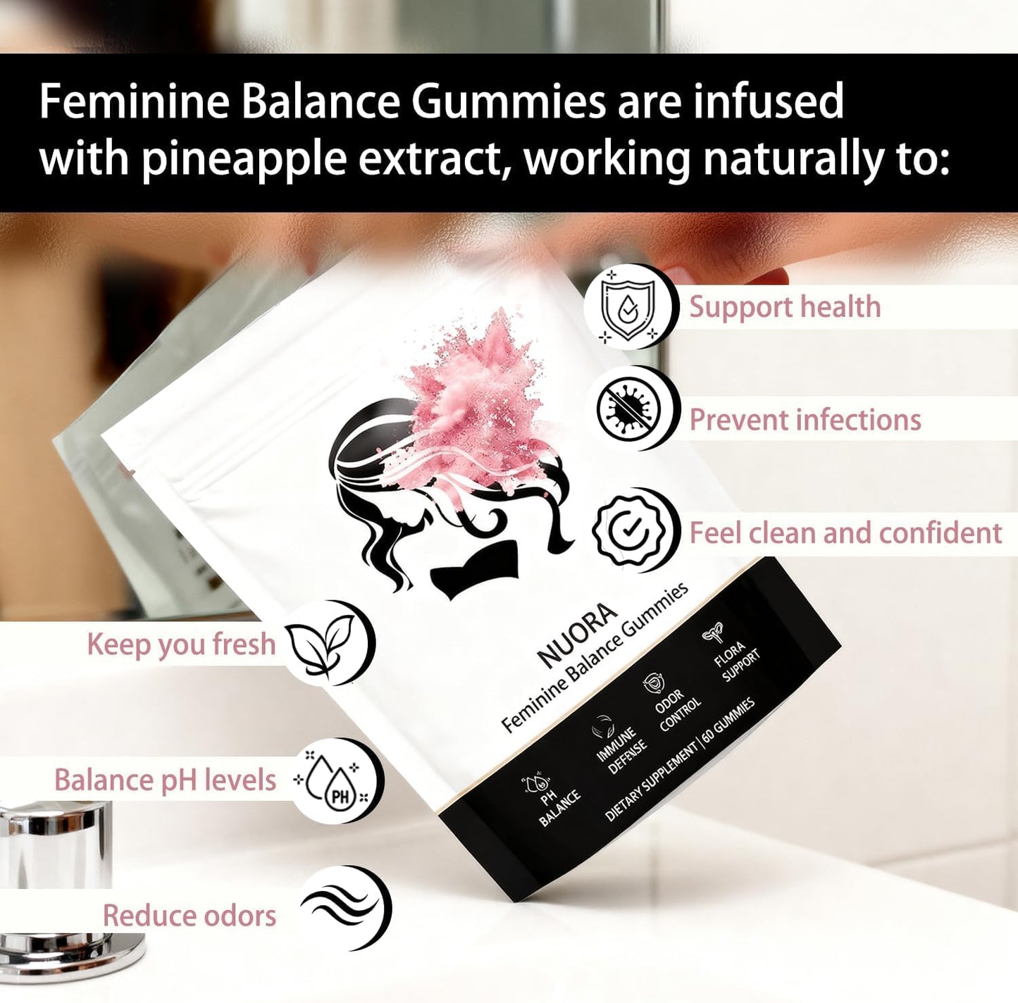 nuora Feminine Balance Gummies, Vegan Hawaiian Pineapple, pH Balance, Healthy Odor, Flora and Immune Support, - Maple Wellness Supplements