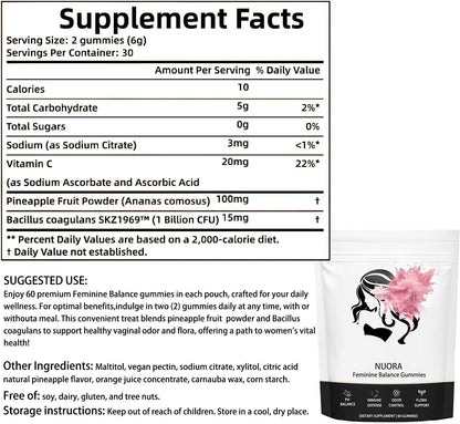 nuora Feminine Balance Gummies, Vegan Hawaiian Pineapple, pH Balance, Healthy Odor, Flora and Immune Support, - Maple Wellness Supplements