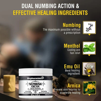 Nupharmisto Numbing Cream Maximum Strength : Long Lasting Numbing Cream with 5X Numbing - Emu Oil and Arnica 80 g / 2.82 oz - Maple Wellness Supplements