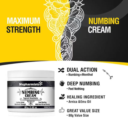 Nupharmisto Numbing Cream Maximum Strength : Long Lasting Numbing Cream with 5X Numbing - Emu Oil and Arnica 80 g / 2.82 oz - Maple Wellness Supplements