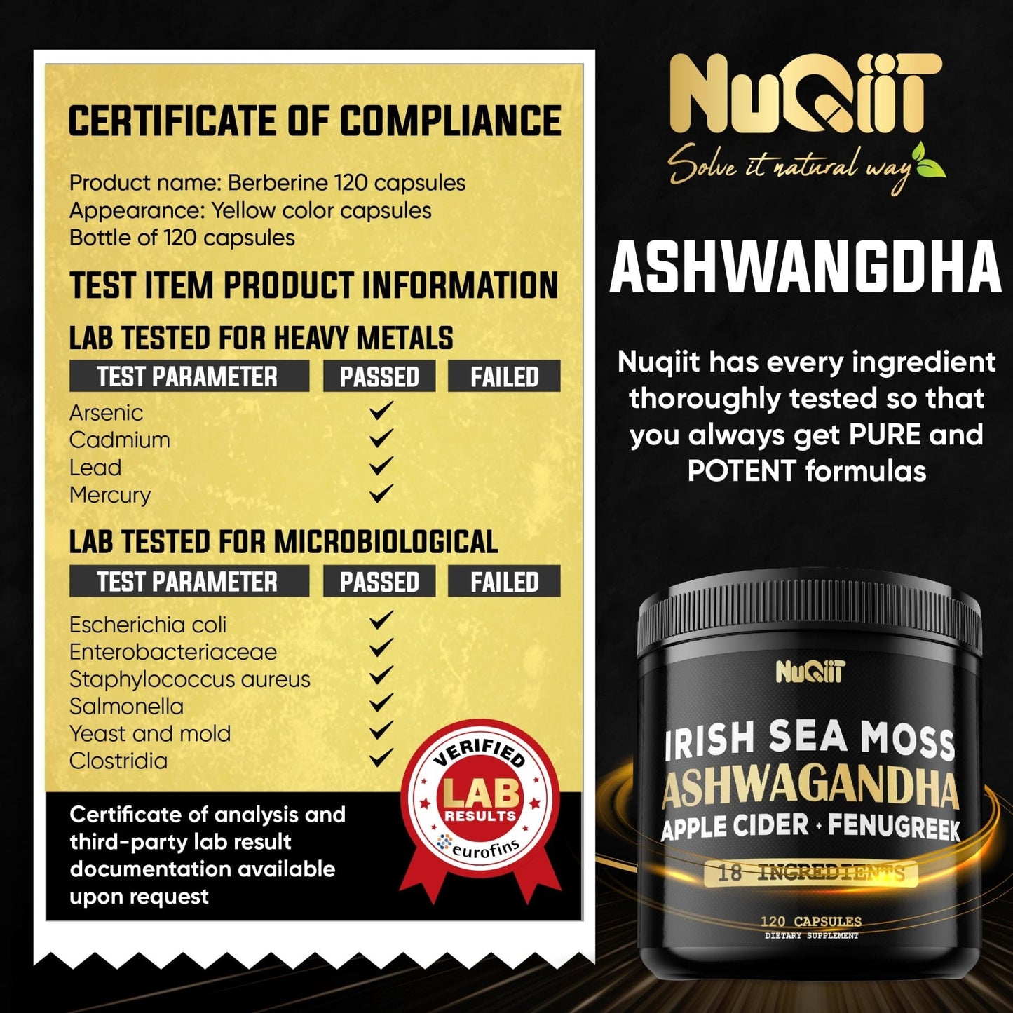 NUQIIT Organic Ashwangdha Capsules 15000mg Irish Sea Moss Apple Cider Vinegar & More - Support Brain Health, Strength & Immune System - 120 Vegan Capsules - Maple Wellness Supplements