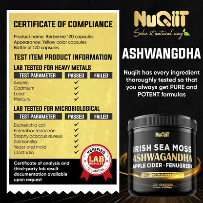 NUQIIT Organic Ashwangdha Capsules 15000mg Irish Sea Moss Apple Cider Vinegar & More - Support Brain Health, Strength & Immune System - 120 Vegan Capsules - Maple Wellness Supplements