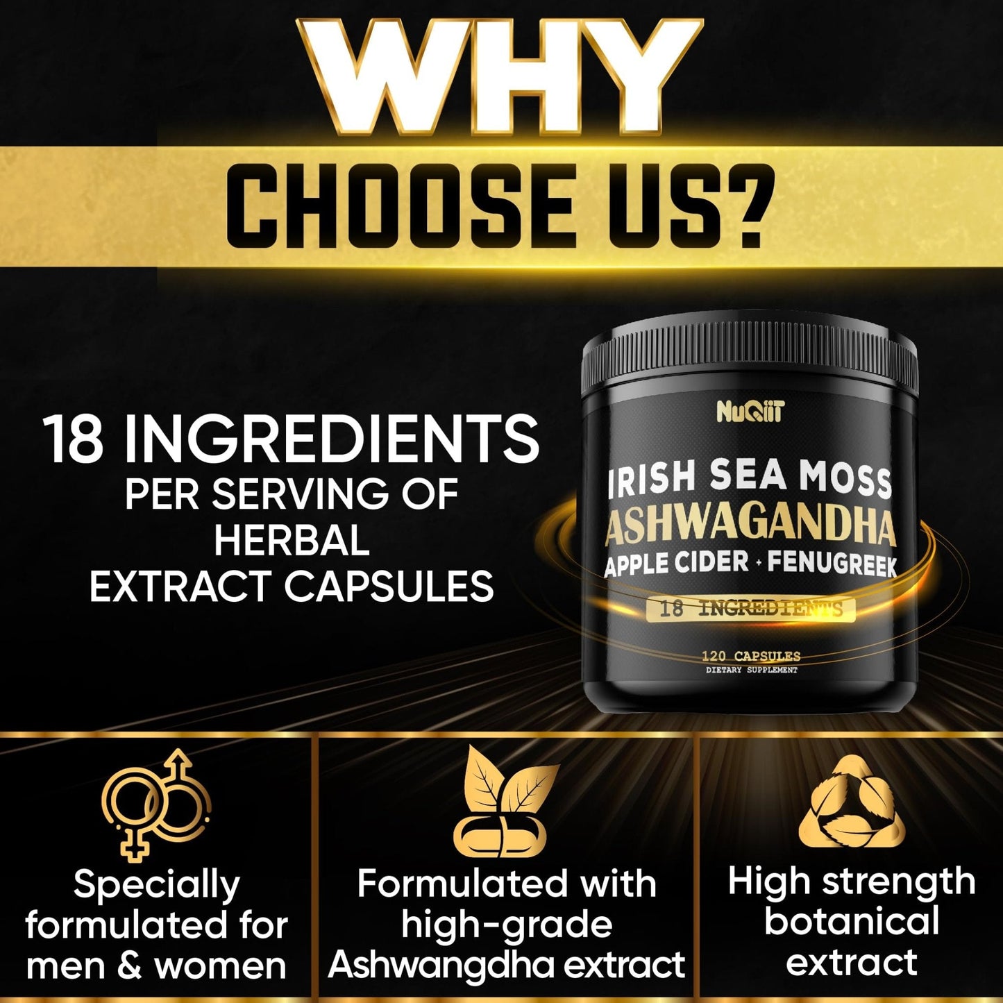 NUQIIT Organic Ashwangdha Capsules 15000mg Irish Sea Moss Apple Cider Vinegar & More - Support Brain Health, Strength & Immune System - 120 Vegan Capsules - Maple Wellness Supplements