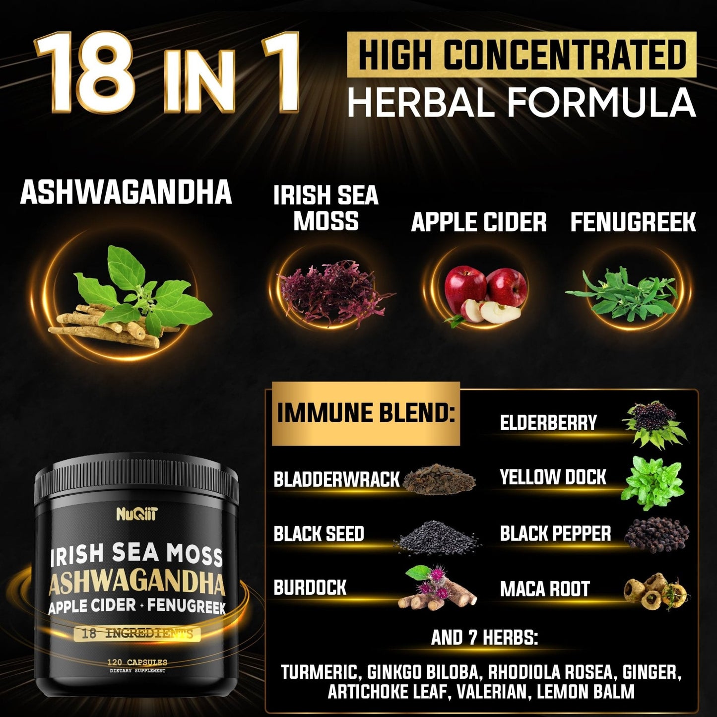 NUQIIT Organic Ashwangdha Capsules 15000mg Irish Sea Moss Apple Cider Vinegar & More - Support Brain Health, Strength & Immune System - 120 Vegan Capsules - Maple Wellness Supplements