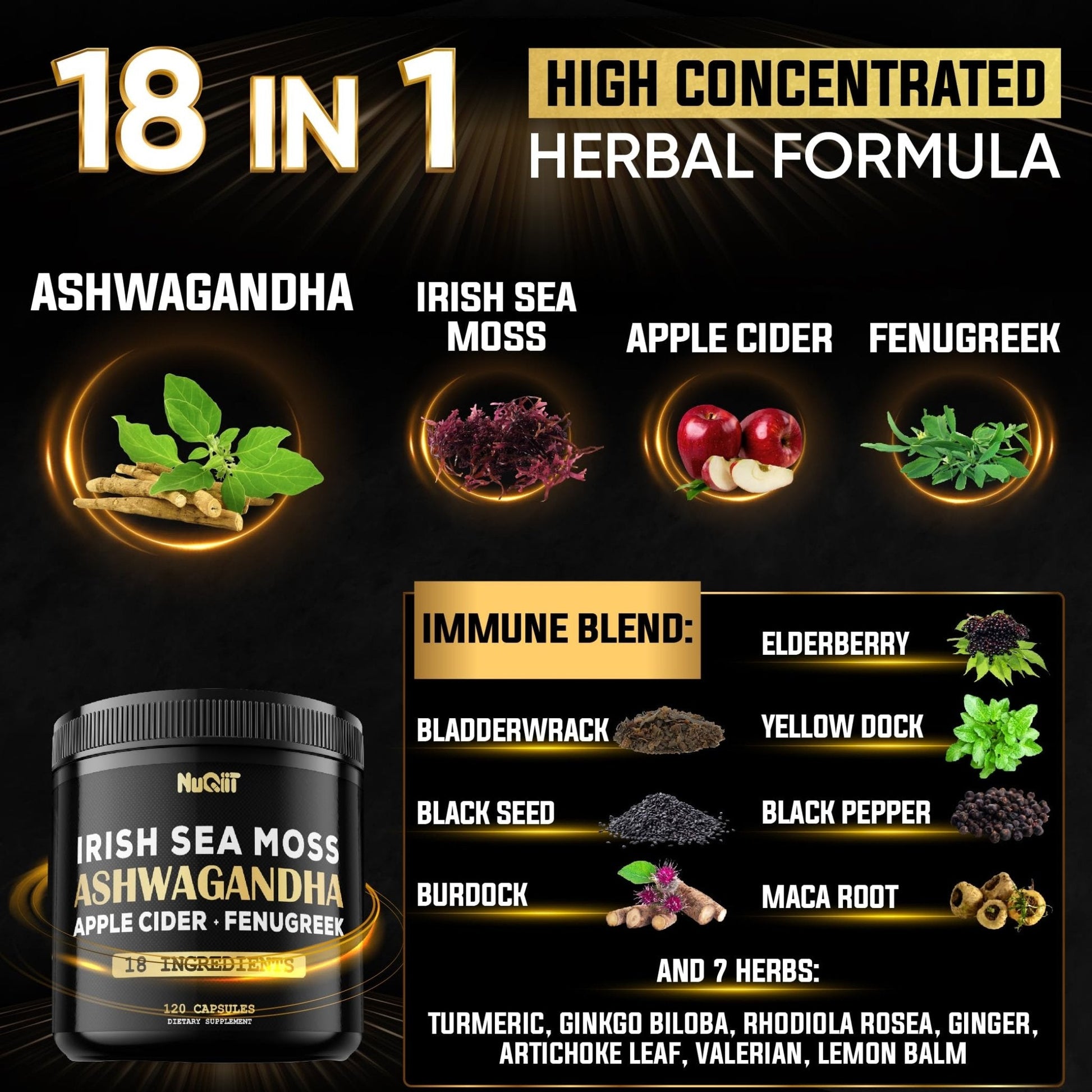 NUQIIT Organic Ashwangdha Capsules 15000mg Irish Sea Moss Apple Cider Vinegar & More - Support Brain Health, Strength & Immune System - 120 Vegan Capsules - Maple Wellness Supplements
