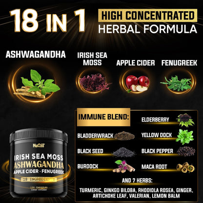NUQIIT Organic Ashwangdha Capsules 15000mg Irish Sea Moss Apple Cider Vinegar & More - Support Brain Health, Strength & Immune System - 120 Vegan Capsules - Maple Wellness Supplements