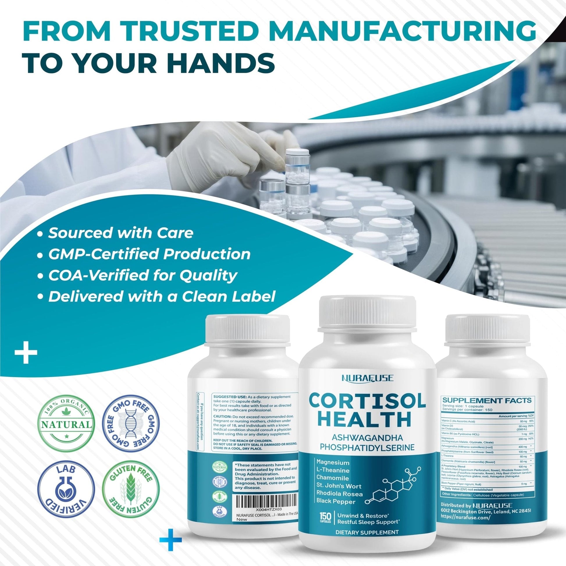 NURAFUSE CORTISOL Health Ashwagandha 15-in-1 Supplement with Magnesium Phosphatidylserine L-Theanine Chamomile Rhodiola Rosea Licorice Holy Basil - Maple Wellness Supplements